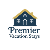 Logo for Premier Vacation Stays: black silhouette of a house with two windows and text below.