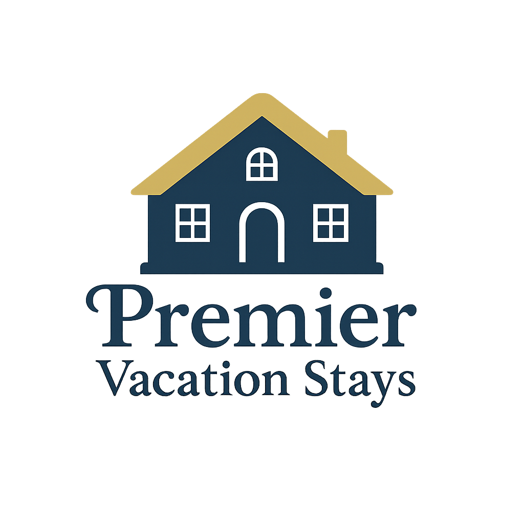 Logo for Premier Vacation Stays: black silhouette of a house with two windows and text below.