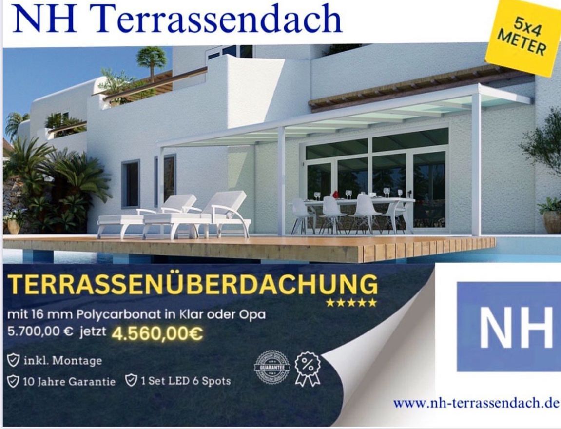 Anzeige für eine Dachterrasse mit einem Haus am Pool, reduziertem Preis und Produktdetails.