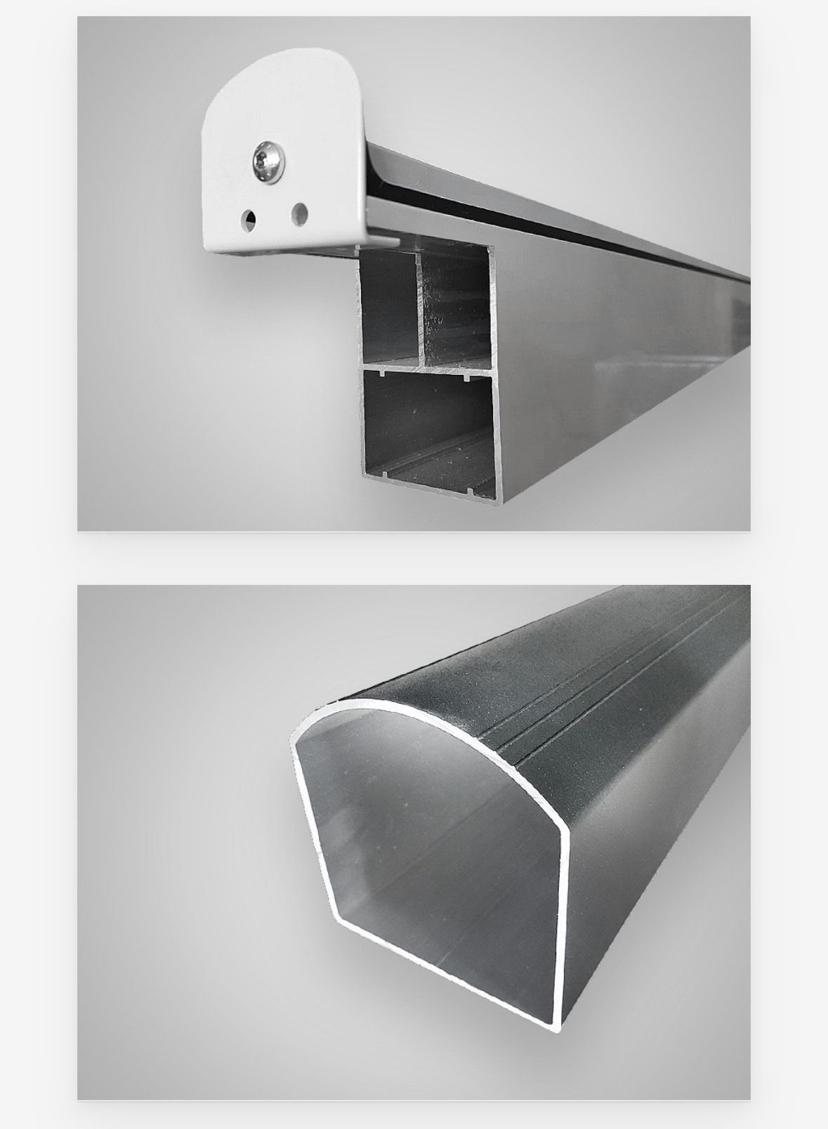 Nahaufnahme von Aluminiumprofilen. Oben ist eine montierte Halterung zu sehen. Unten ist ein gebogenes Profil zu sehen.