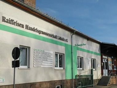 Rathausgebäude mit grün gestreifter Fassade, Schildern, Fenstern und Eingangstreppe unter blauem Himmel