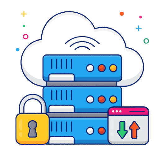 Una pila di server con una nuvola sullo sfondo.
