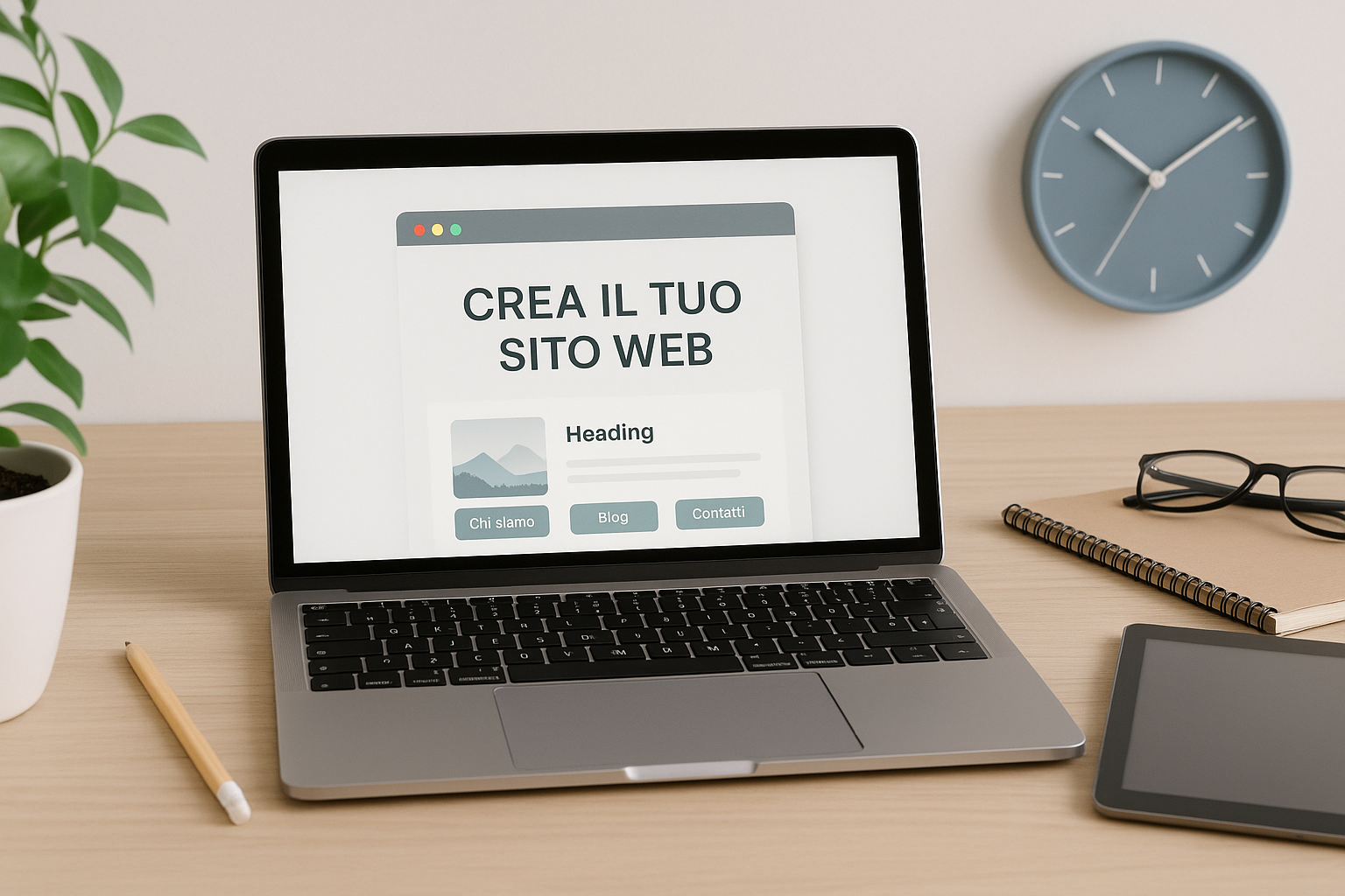 A laptop is open to a page that says crea il tuo sito wfb