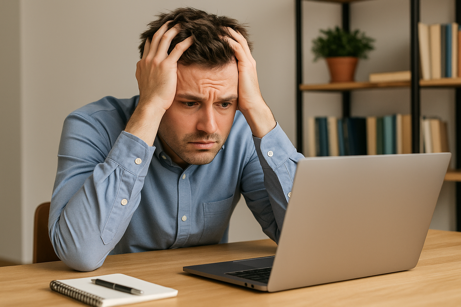 Un uomo Γ¨ seduto alla scrivania con le mani sulla testa davanti a un computer portatile.