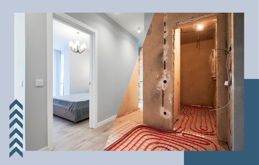 Una foto de un dormitorio y una foto de un baño en construcción.