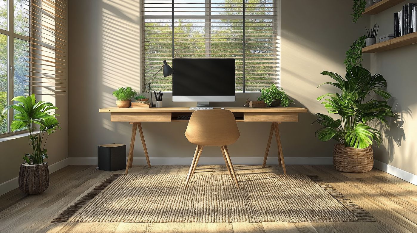 Bureau de maison vue de face avec un écran d'ordinateur et des plantes décoratives