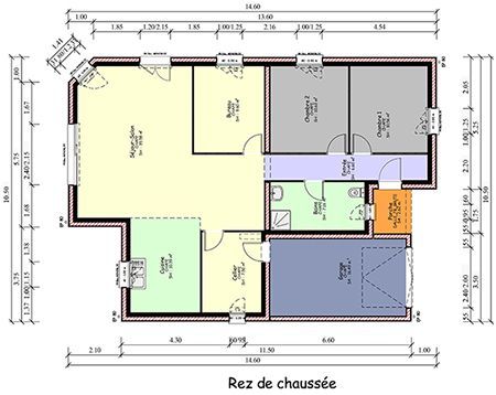 Plan d'une petite maison individuelle avec garage porte d'entrée et une fenêtre en façade