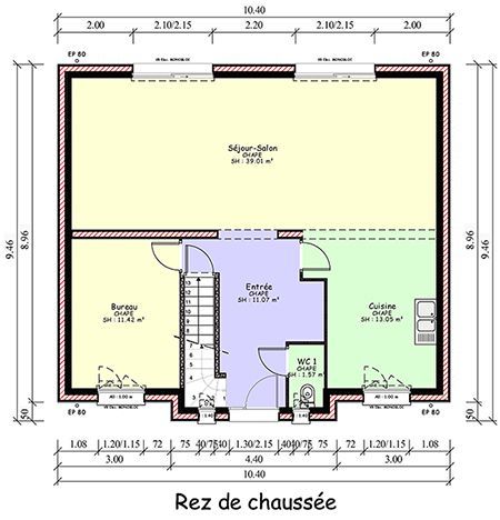 Plan de maison à étage avec partie centrale avancée