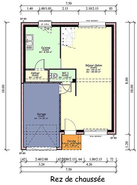 Plan de maison avec avancée de garage et porte-fenêtre en façade
