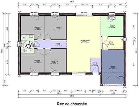 Plan de maison de plain-pied en longueur avec extension garage avancée