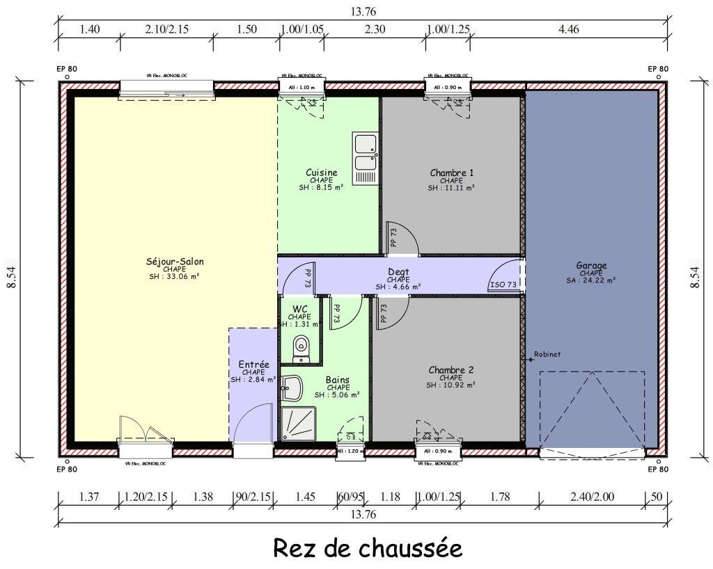 Plan de la maison à toit foncé et voiture rouge devant le garage