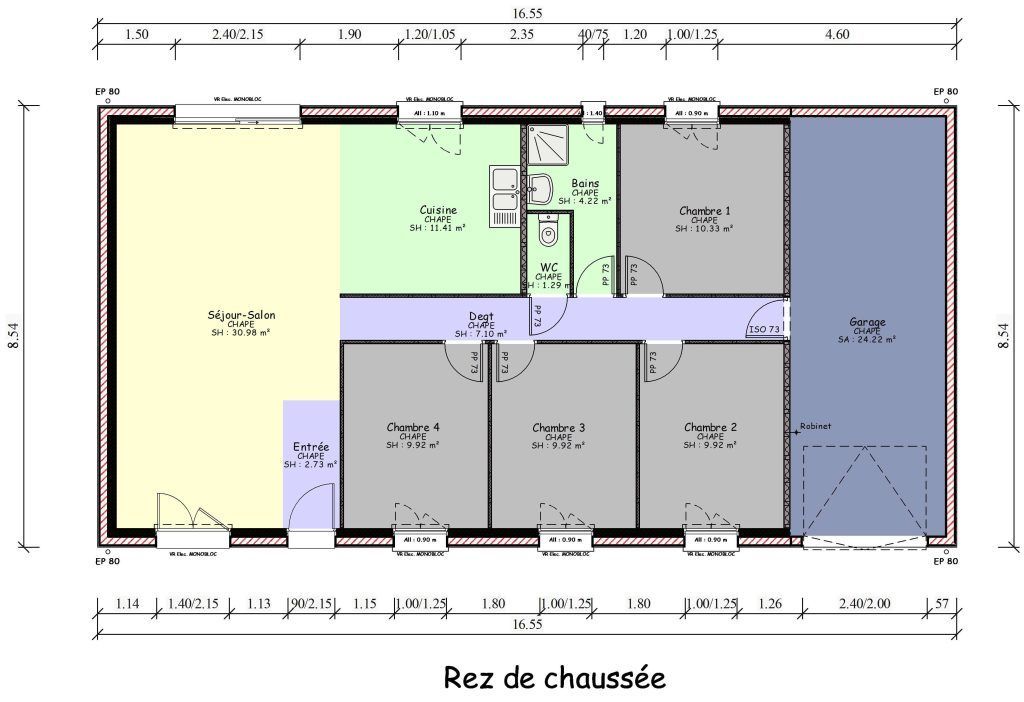 Plan de la maison à toit foncé avec 3 fenêtre en façade et 3 portes