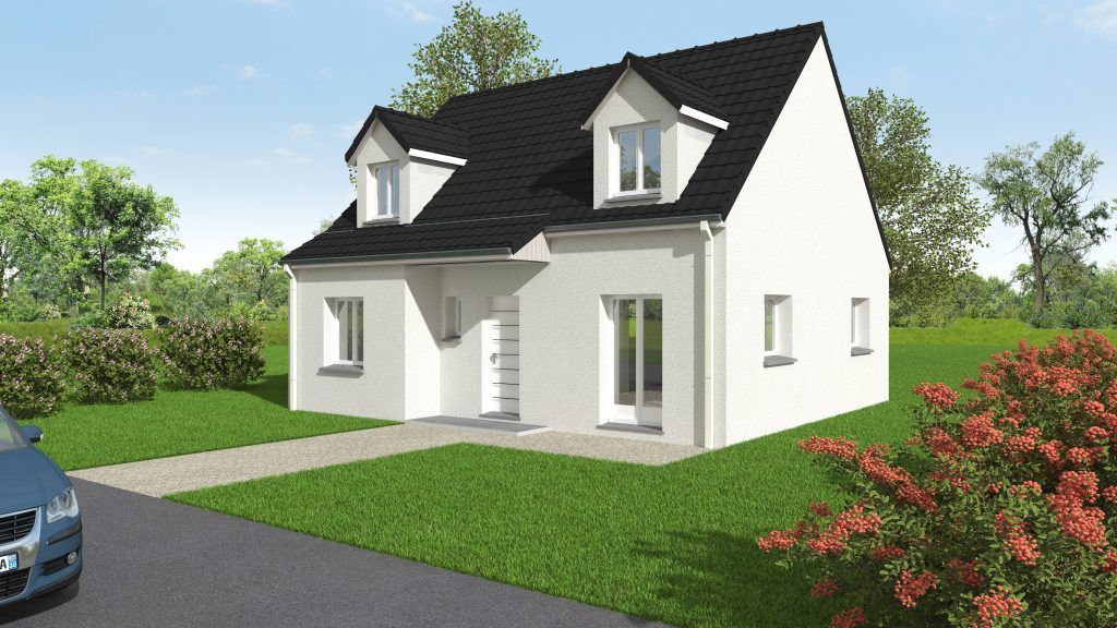 Maison blanche à toit noir avec deux chiens assis sur le toit