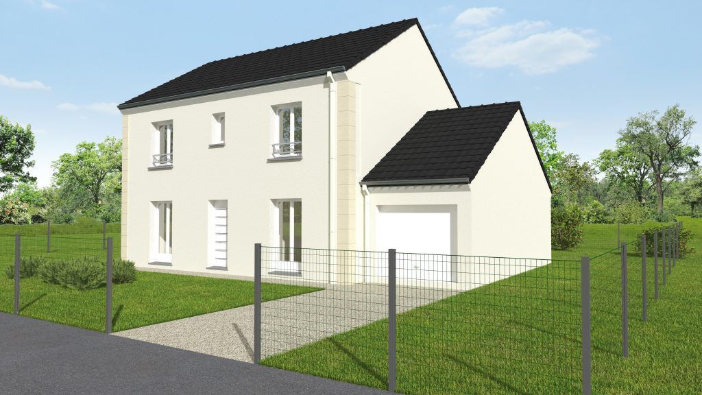Image 3D d'une maison avec un étage et jardin grillagé