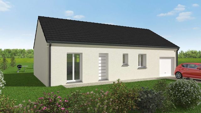 Maison à toit foncé et voiture rouge devant le garage