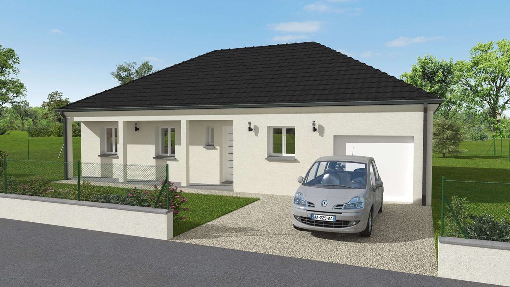 Image 3D d'une maison avec un véhicule devant la porte de garage