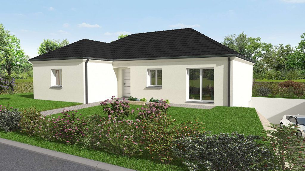 Maison à toit foncé en L avec une haie fleurie au premier plan