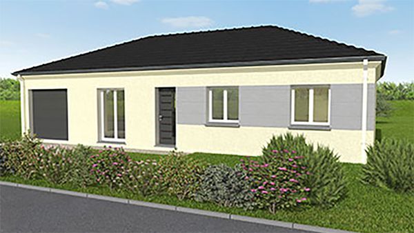 Image 3D d'une maison avec façade crème et bande horizontale grise