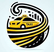 Taxi amarillo circulando por una carretera estilizada. Gráfico negro y amarillo con edificios.
