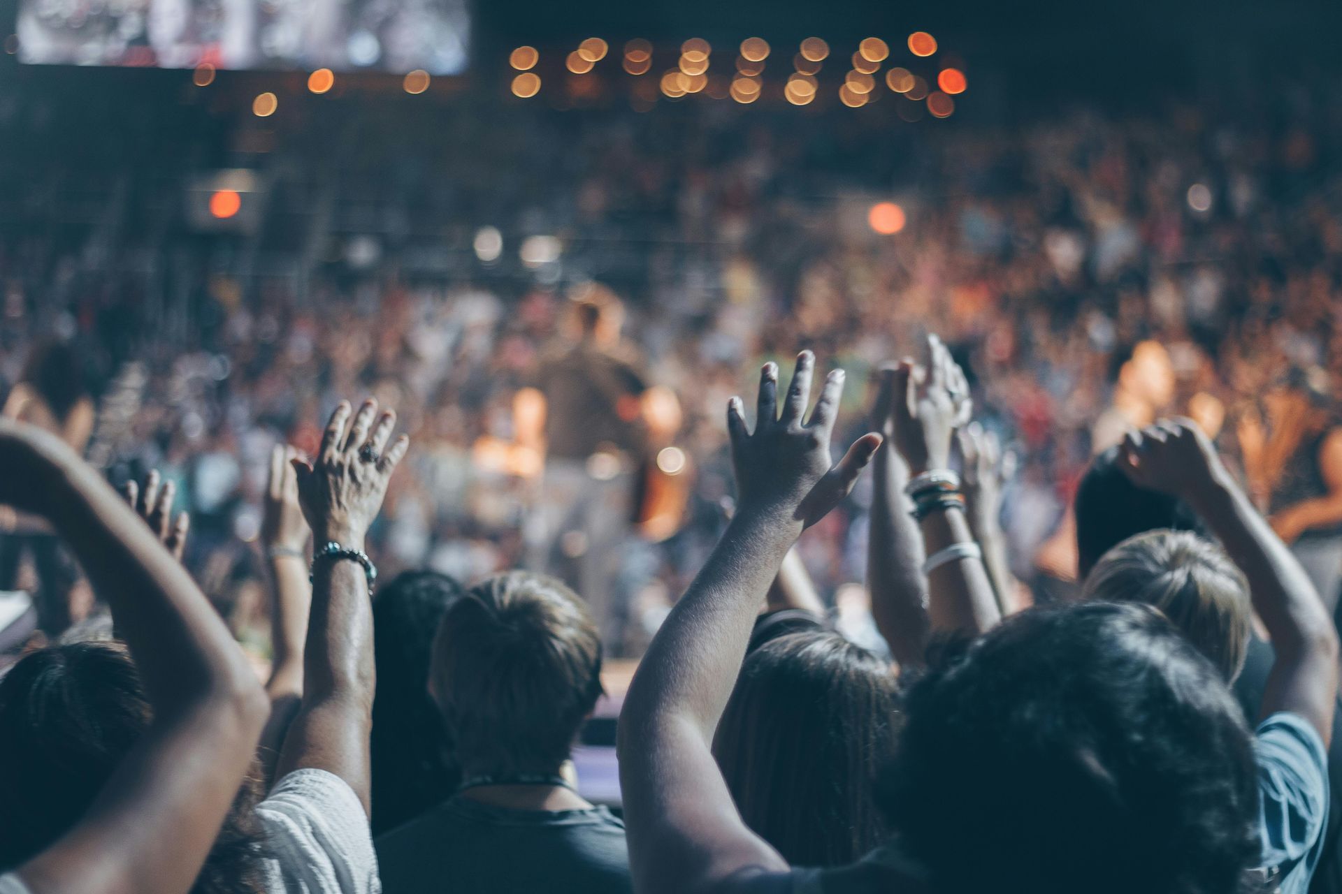 Público en un concierto, con muchas manos levantadas y un escenario borroso con músicos al fondo.
