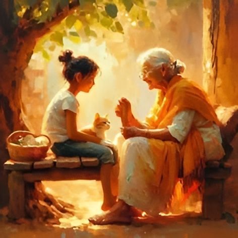Une femme âgée est assise sur un banc avec une petite fille et un chat.