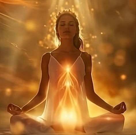 Une femme est assise en position du lotus avec les yeux fermés et une lumière sortant de sa poitrine.