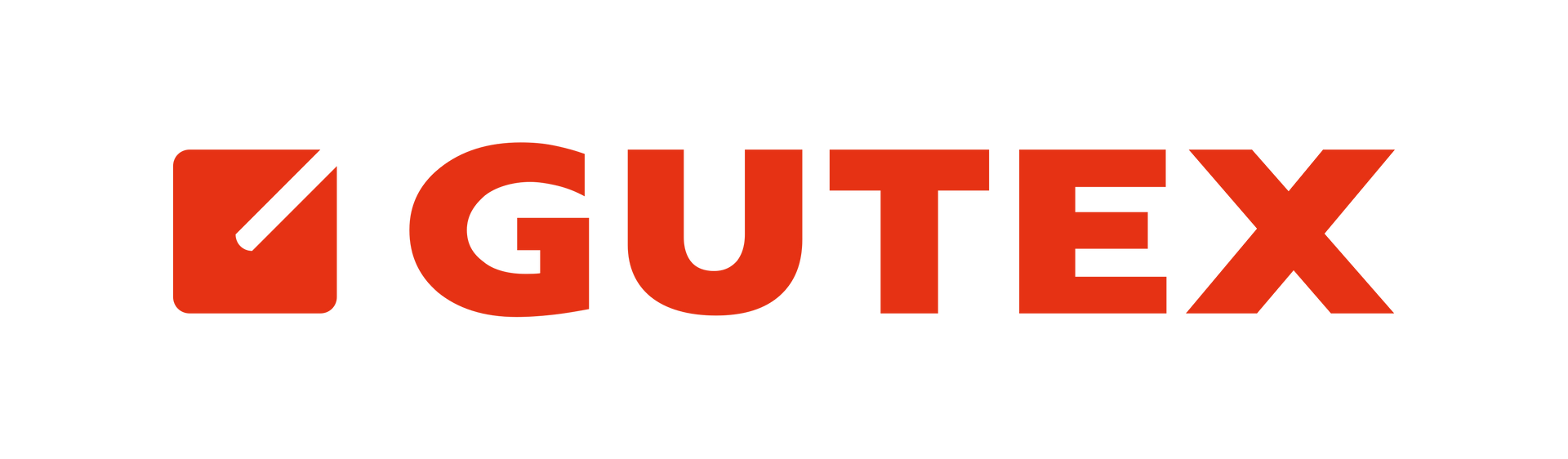 Das rote Logo von GUTEX zeigt ein quadratisches Symbol mit einem diagonalen weißen Strich, gefolgt vom Markennamen in Blockbuchstaben.