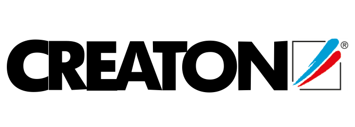 Firmenlogo für CREATON mit fetter schwarzer Schrift neben einem Quadrat mit abstrakten blauen und roten Diagonalstrichen.