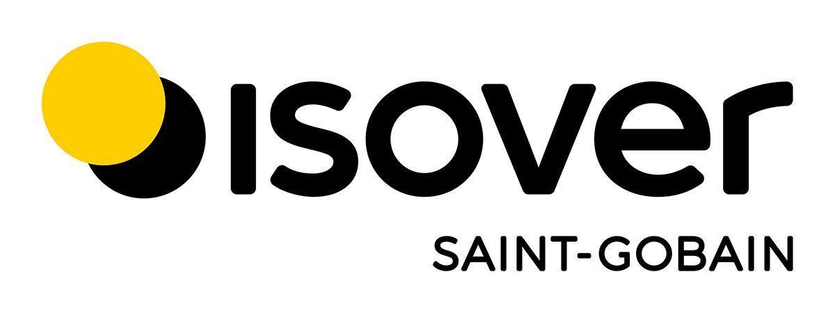 Das Isover Saint-Gobain-Logo, bestehend aus dem schwarzen Schriftzug „isover“ mit einem gelben Kreis und dem Schriftzug „SAINT-GOBAIN“ darunter.