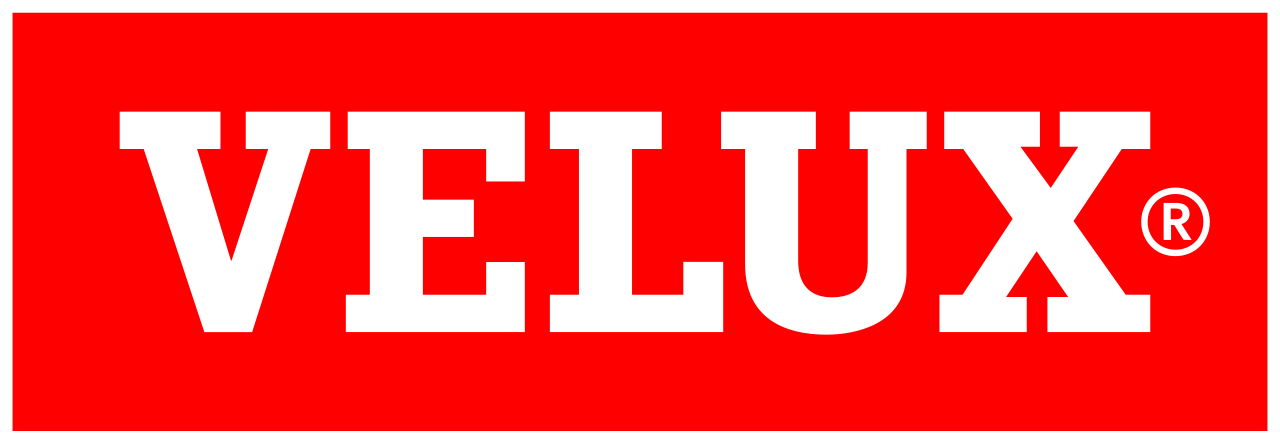 Das weiße VELUX-Logo mittig auf einem einfarbig roten rechteckigen Hintergrund.