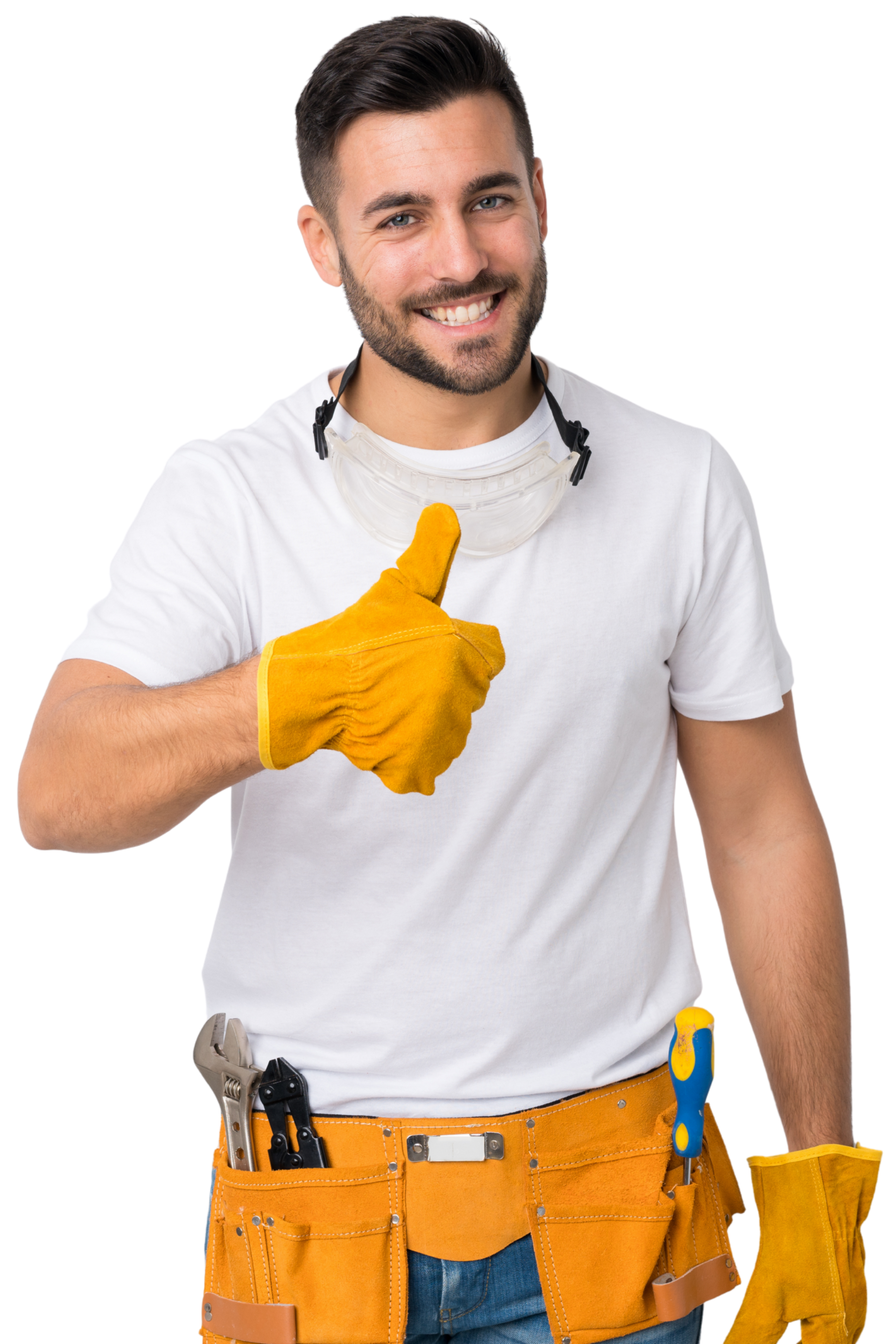 Un homme en tenue de travail lève le pouce, portant une ceinture à outils, des gants et un masque.