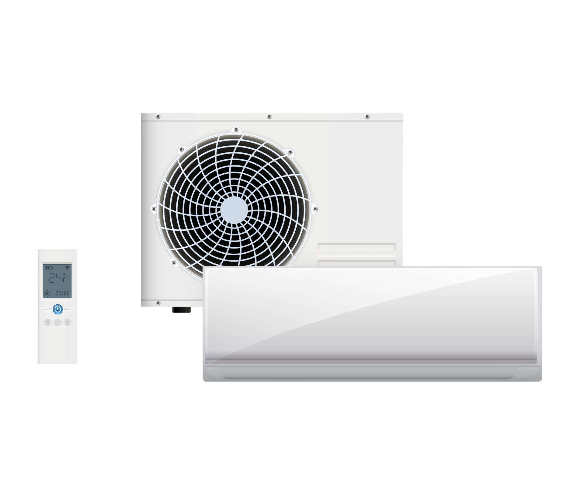 Système de climatisation blanc sans conduit avec télécommande.