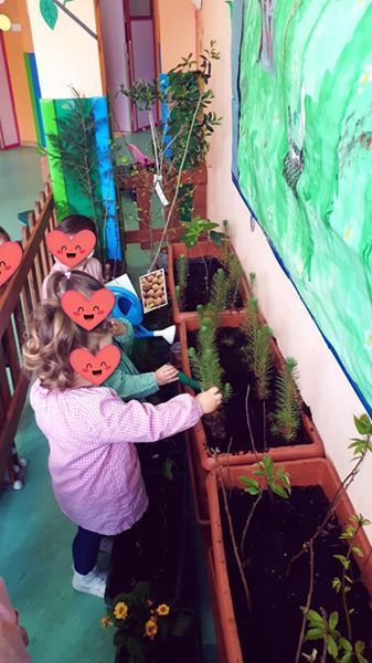 Un grupo de niños está regando las plantas en un jardín.