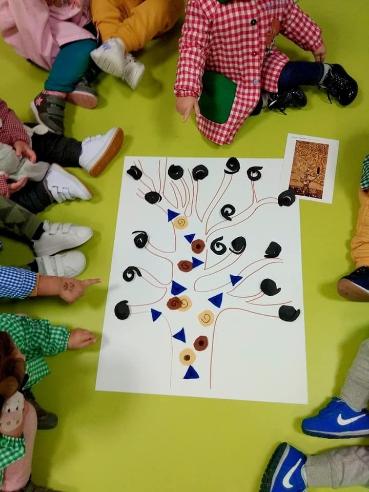 Un grupo de niños están sentados alrededor de un árbol dibujado en un trozo de papel.