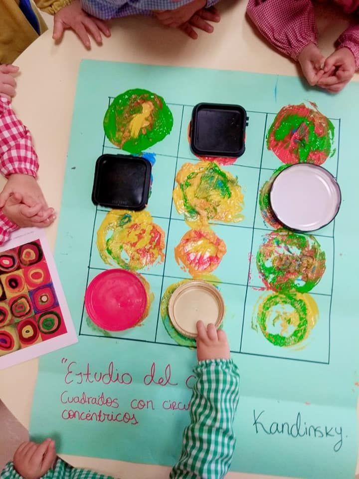Un grupo de niños están sentados alrededor de una mesa con un cartel que dice Kandinsky.