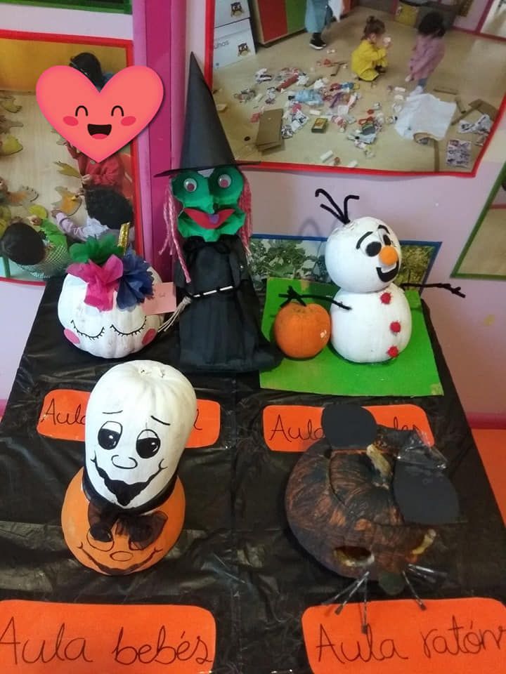 Una mesa con una bruja, un muñeco de nieve y un fantasma sobre ella.