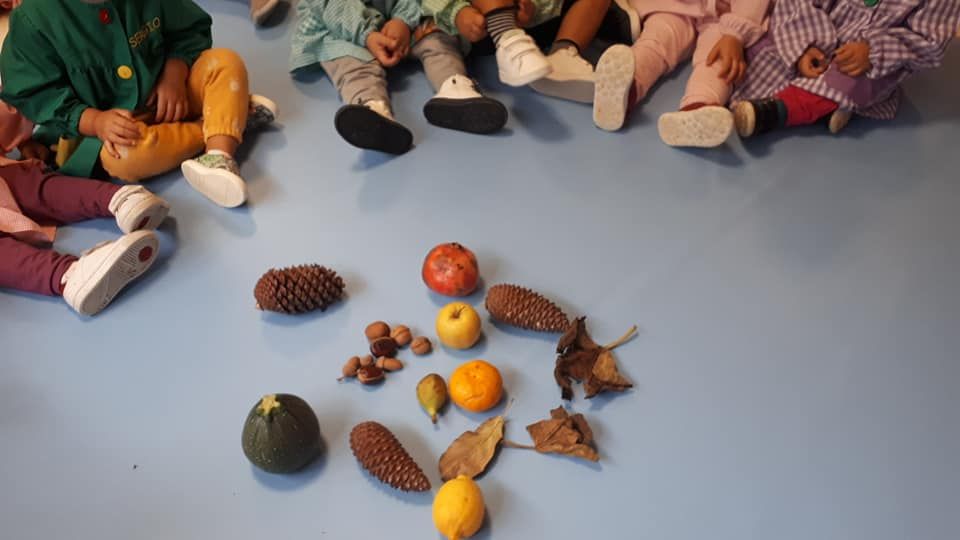 Un grupo de niños están sentados en el suelo rodeados de frutas y hojas.