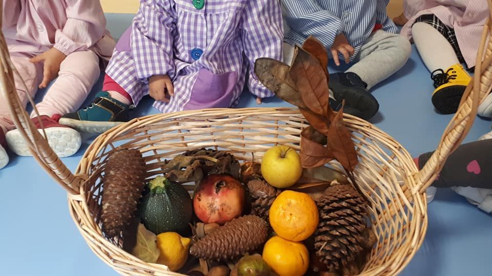 Un grupo de niños está sentado alrededor de una canasta llena de frutas y piñas.