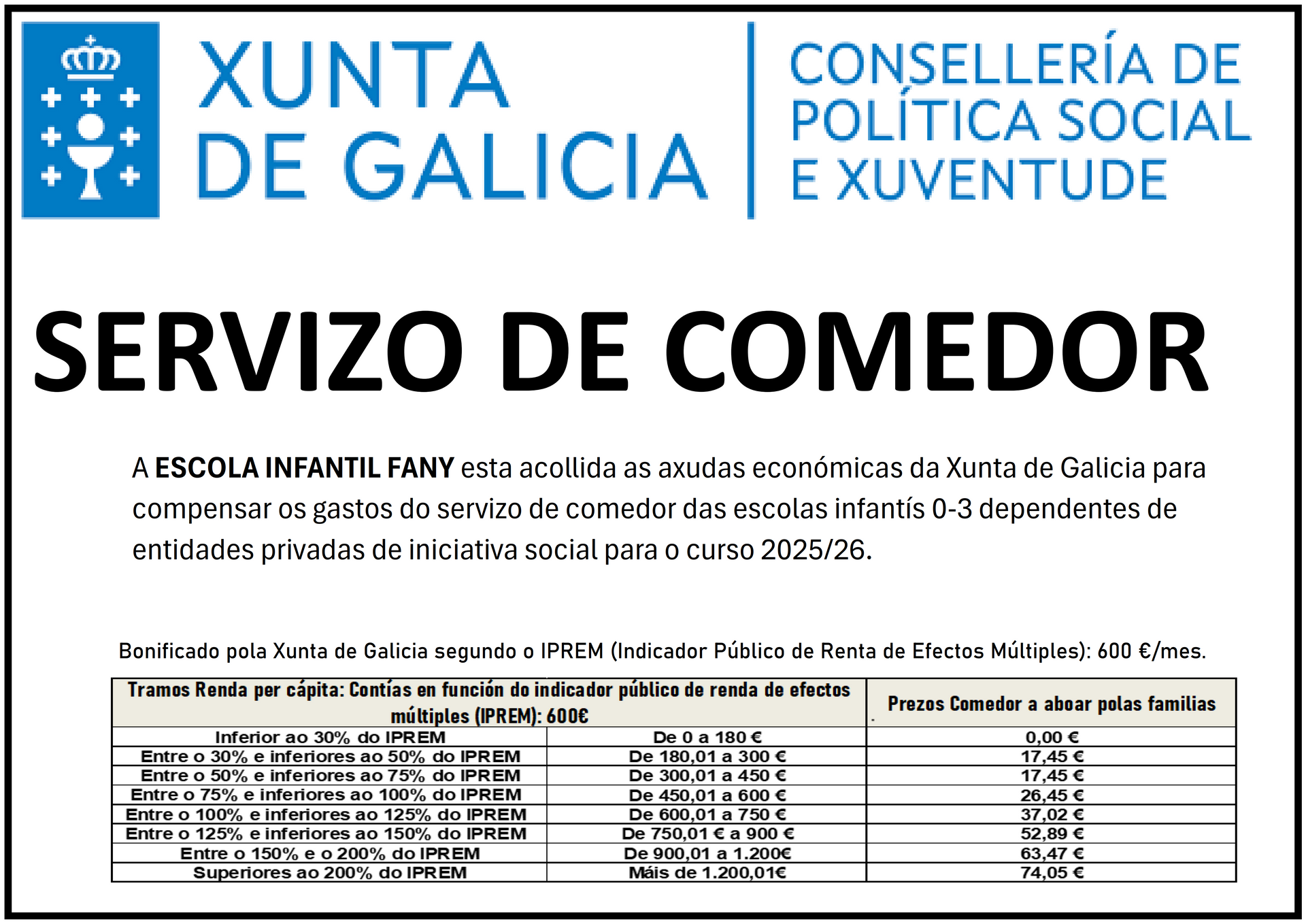 Un cartel de la Xunta de Galicia dice servicio de comedor