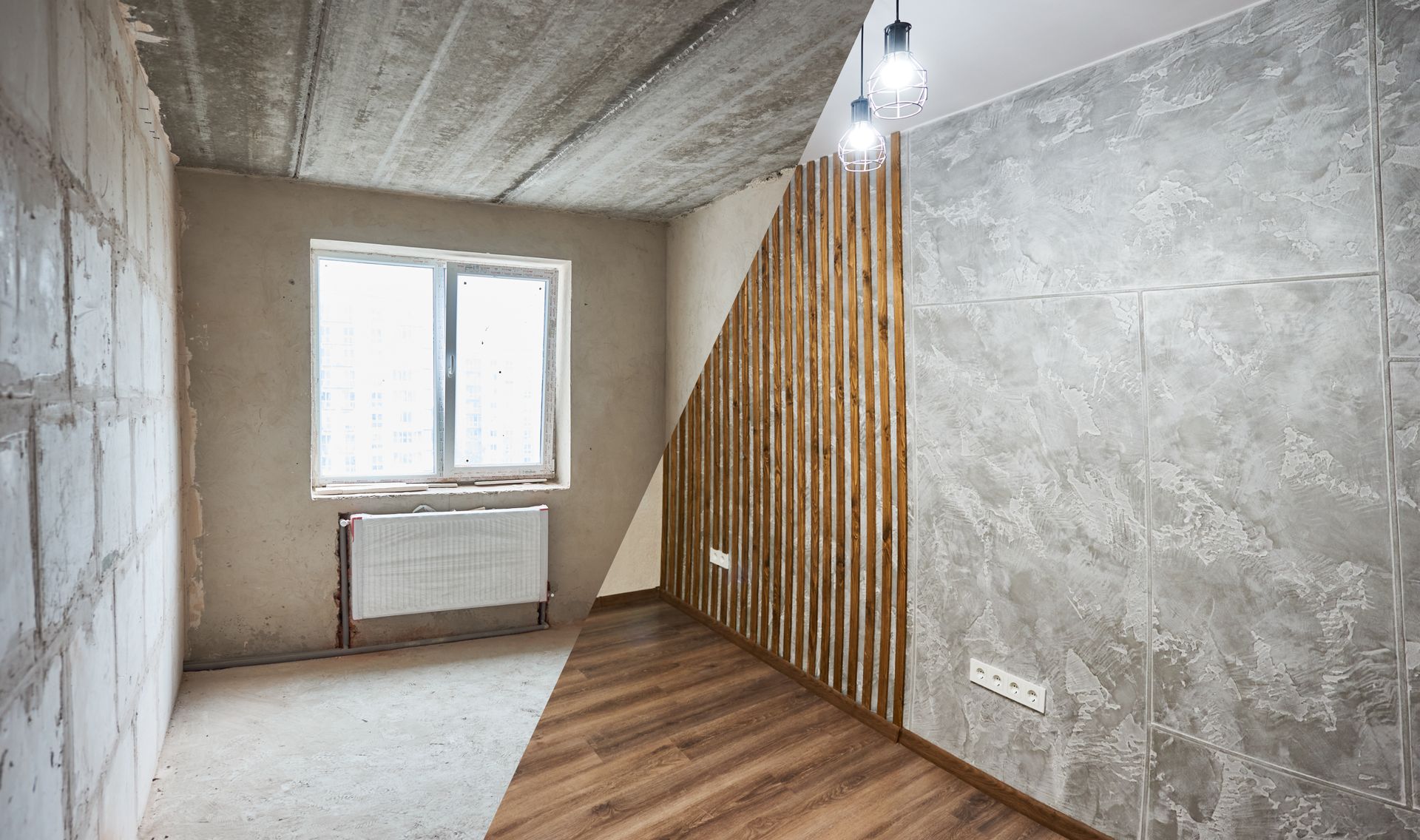 Pièce vide et inachevée avec murs en béton, lambris en lattes de bois, fenêtre, radiateur et luminaire suspendu.