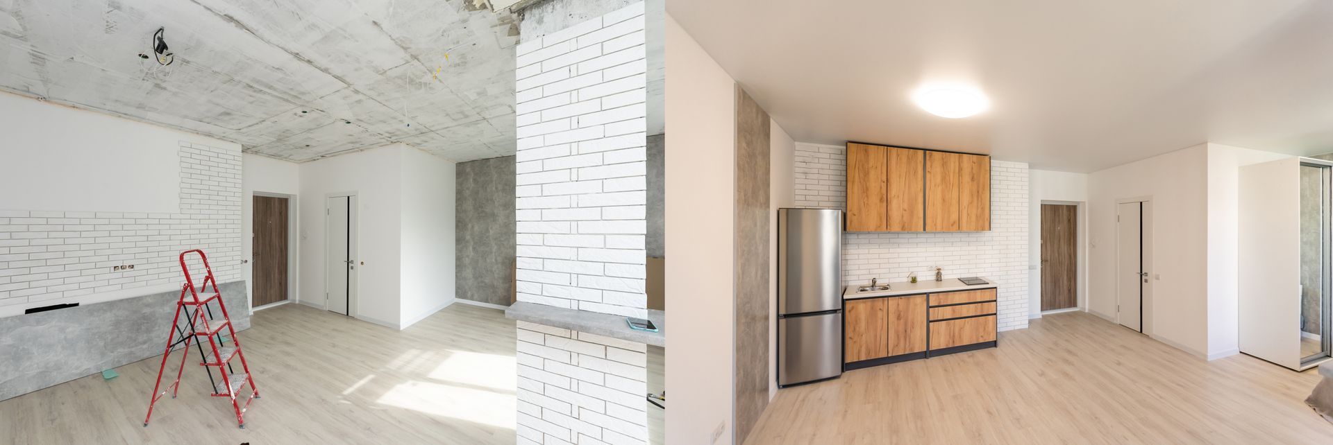 Pièce rénovée avec murs en briques blanches, échelles et placards de cuisine lumineux sur la droite