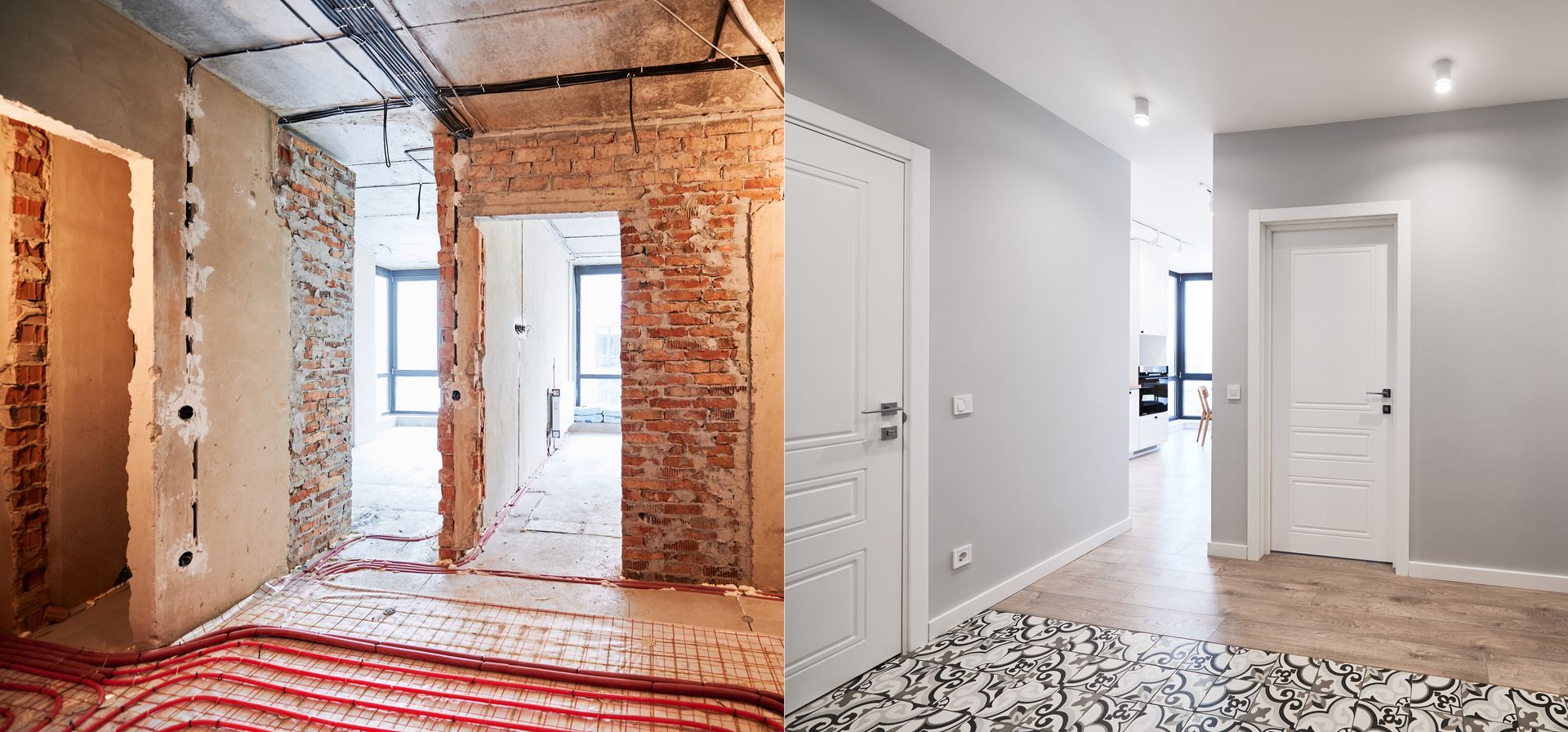 Avant et après la rénovation d'un couloir : briques et câbles apparents à côté d'un couloir blanc fini avec un sol carrelé.