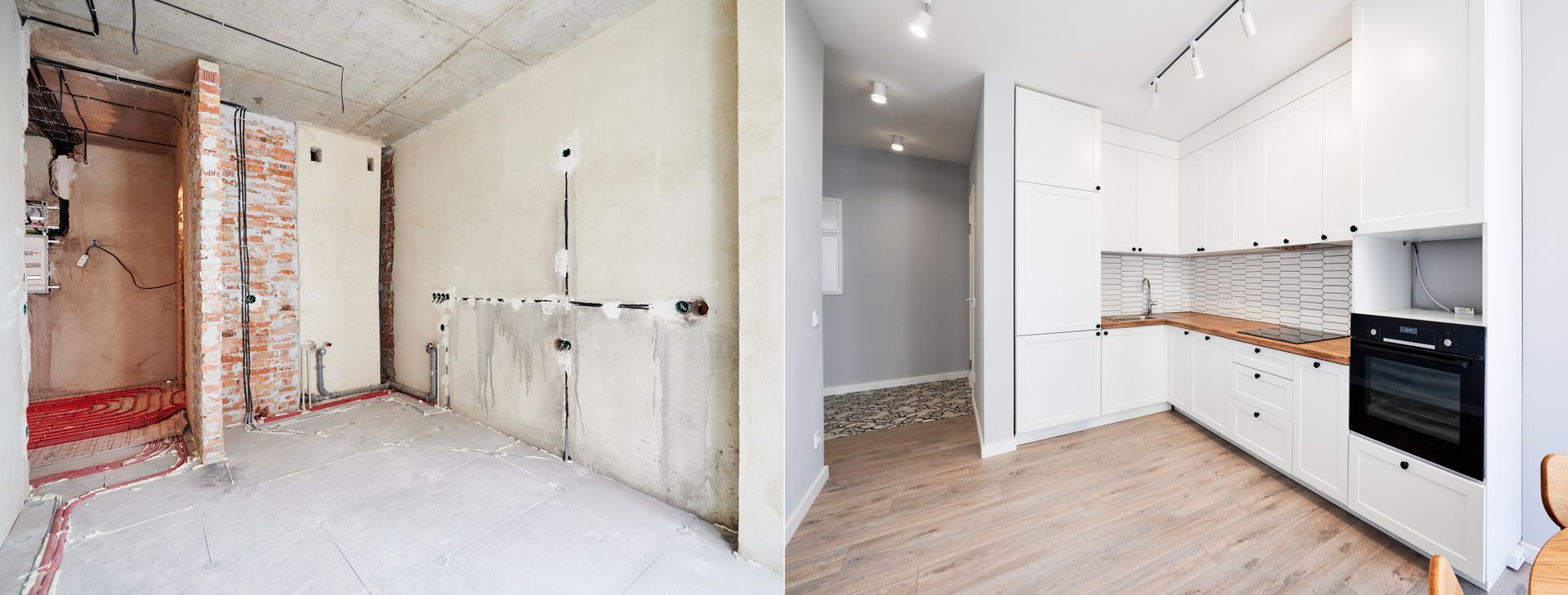Intérieur d'appartement rénové avec briques apparentes, murs blancs et cuisine moderne.