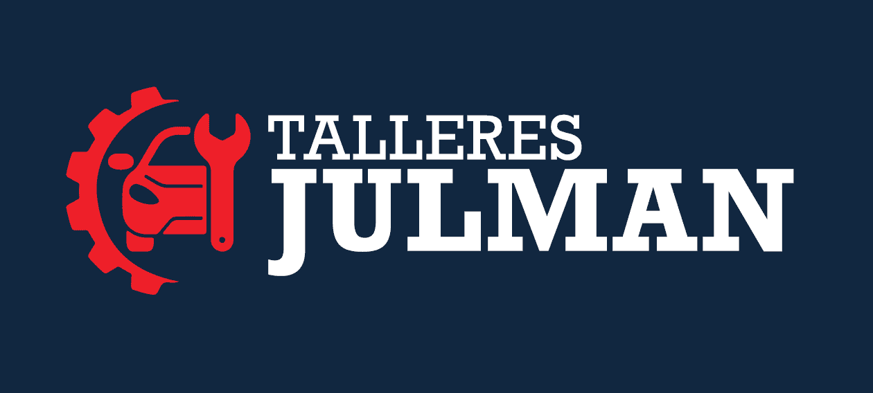 Un logotipo rojo con un coche y una llave inglesa dentro de un engranaje, junto a un texto blanco que dice "TALLERES JULMAN" sobre un fondo azul oscuro.
