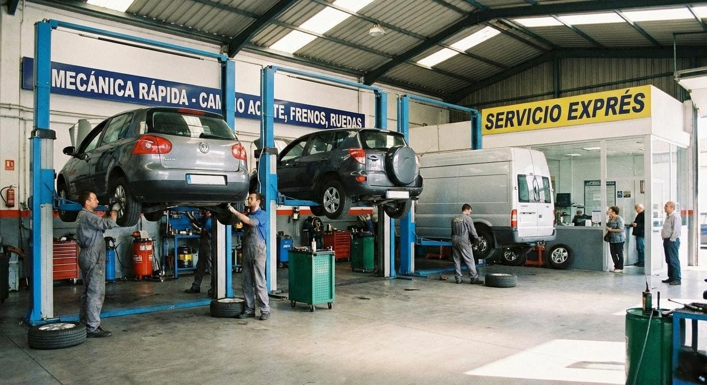 En un taller mecánico, con un mostrador de atención al cliente al fondo, se ve a unos mecánicos trabajando en dos coches elevados.