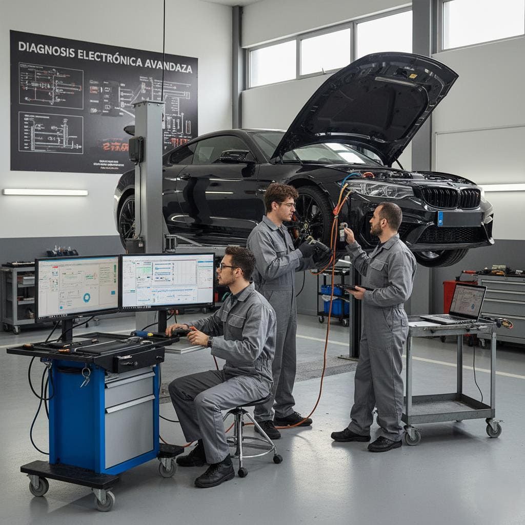 Tres técnicos con uniformes grises trabajan en un coche elevado en un taller de diagnóstico automotriz.