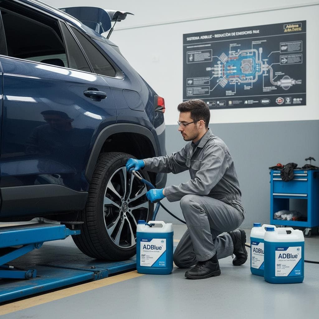 Un técnico con mono gris y guantes azules realiza el mantenimiento de un coche azul, utilizando un recipiente para líquidos cerca de un diagrama técnico.