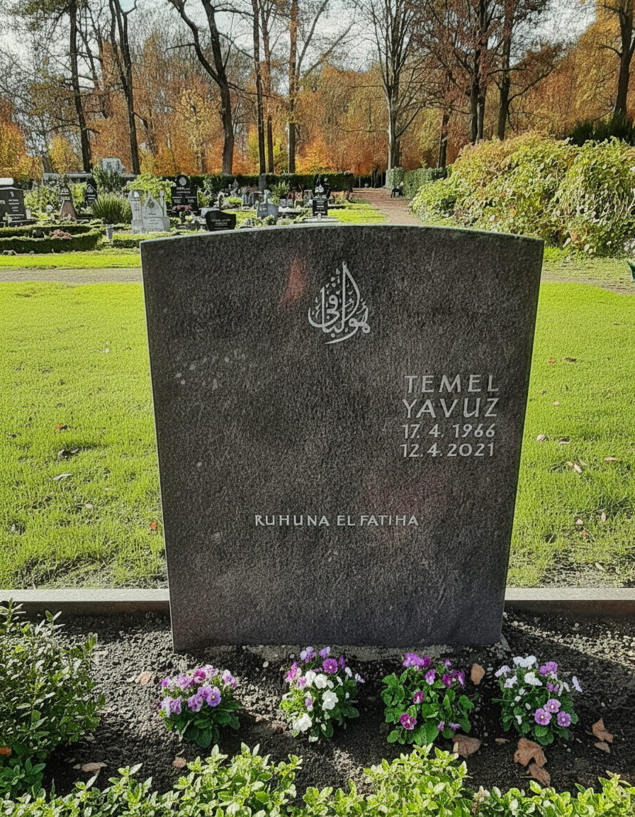 Breiter Grabstein mit feiner arabischer Kalligrafie vor Bäumen.