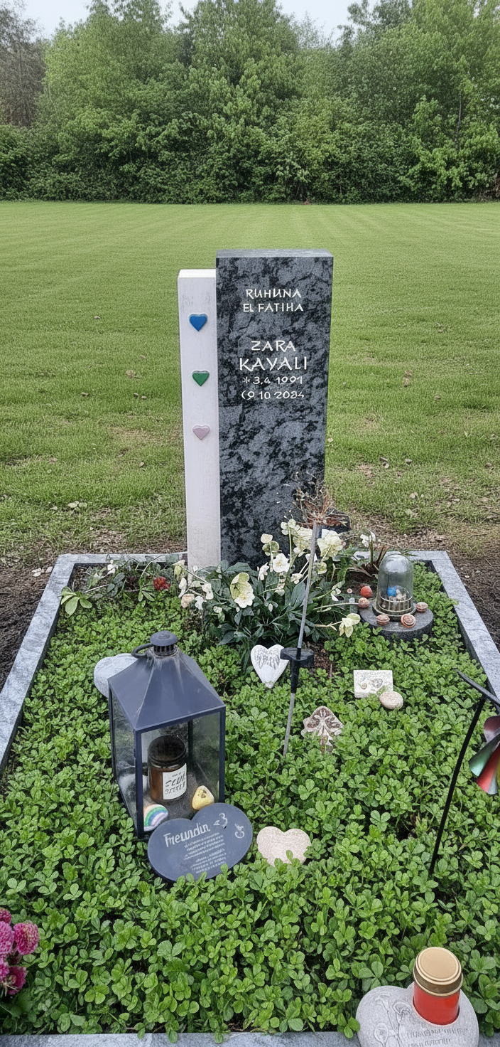 Moderner, dunkler Grabstein auf einer gepflegten Rasenfläche.