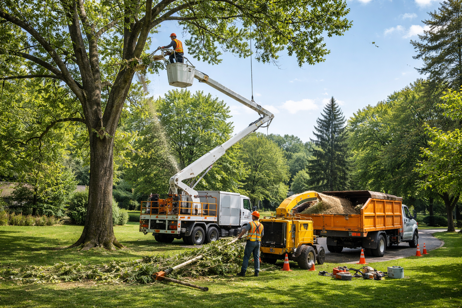 Service d'élagage : un ouvrier dans une nacelle coupe les branches, une équipe au sol, camions, broyeur de branches, débris.